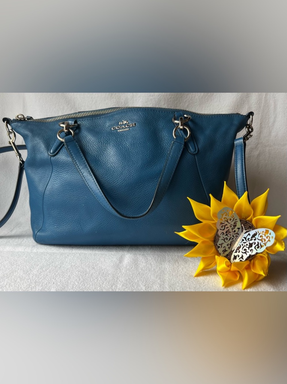 Coach Pebbled Leather Shoulder Tote in Teal Blue